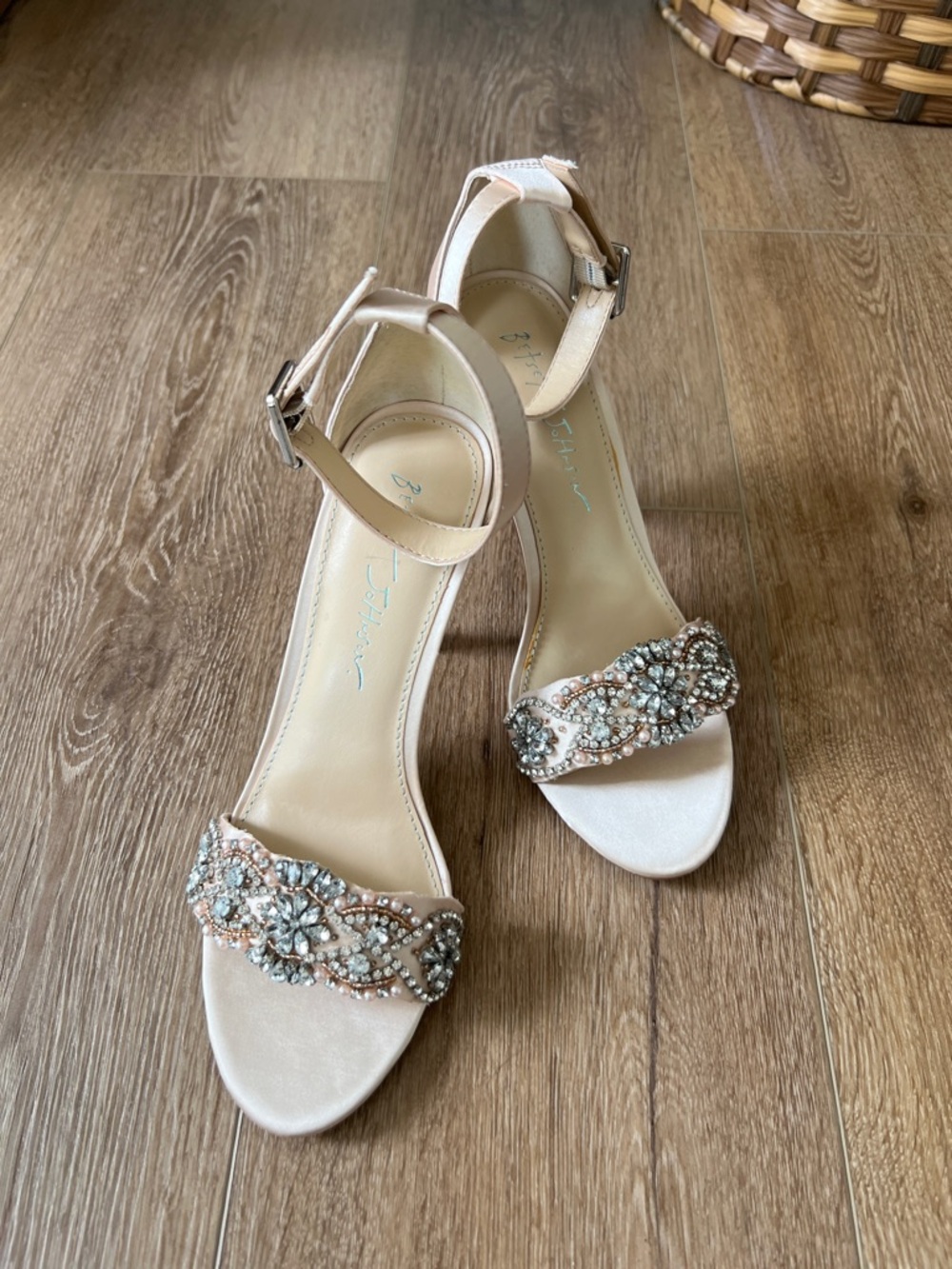 Betsey Johnson Pearl-Embellished Blush Ankle-Strap Heels